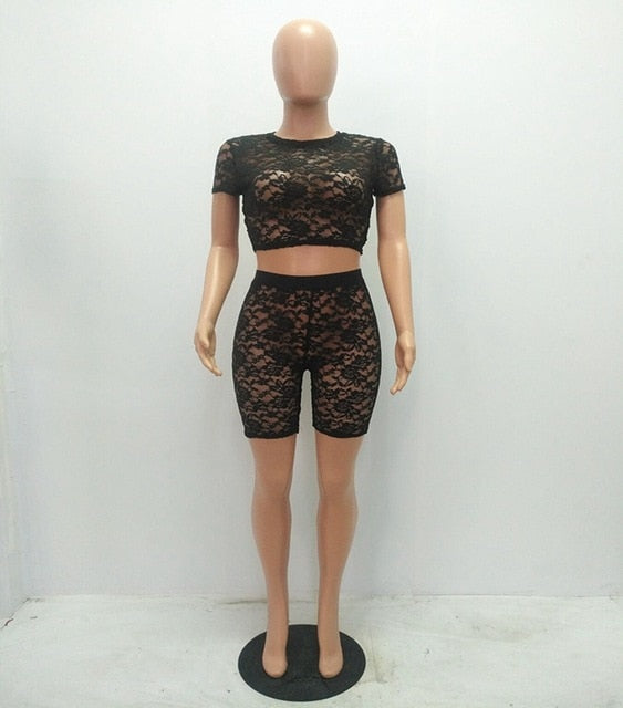 Sexy Black Lace Two Piece Set Summer Crop Top and Shorts Suit Club Outfits - Biwav