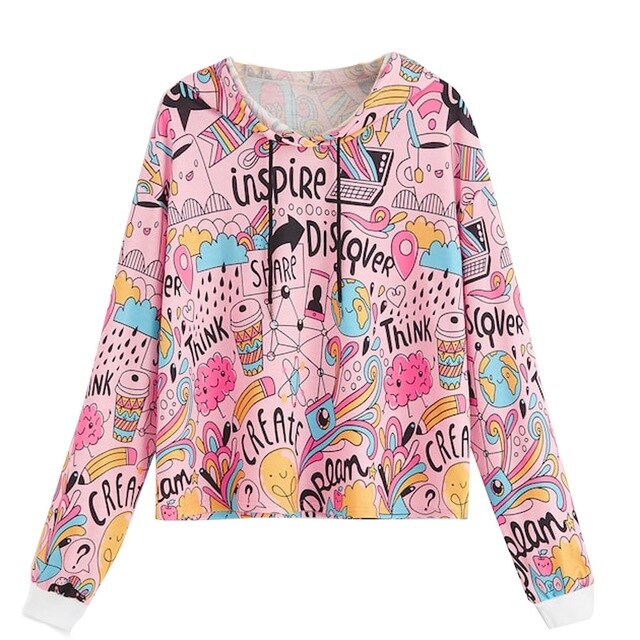 Women Autumn Hoodies Sweatshirt Long Sleeve Graffiti Print Drawstring Hooded Pullover - Biwav