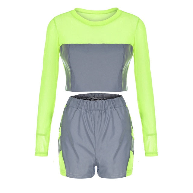 Reflective Patchwork Biker Shorts Long Sleeve Crop Top Women Two Piece Set - Biwav