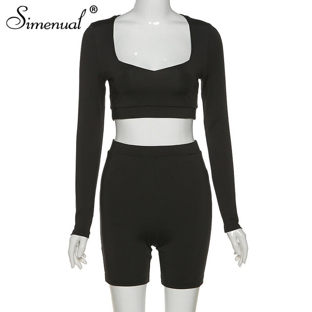 Women Long Sleeve Two Piece Outfits Basic Crop Top And Biker Shorts Sets - Biwav