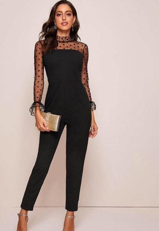 Women Spring Stand Collar Flounce Sleeve Button Back Sheer Jumpsuits - Biwav