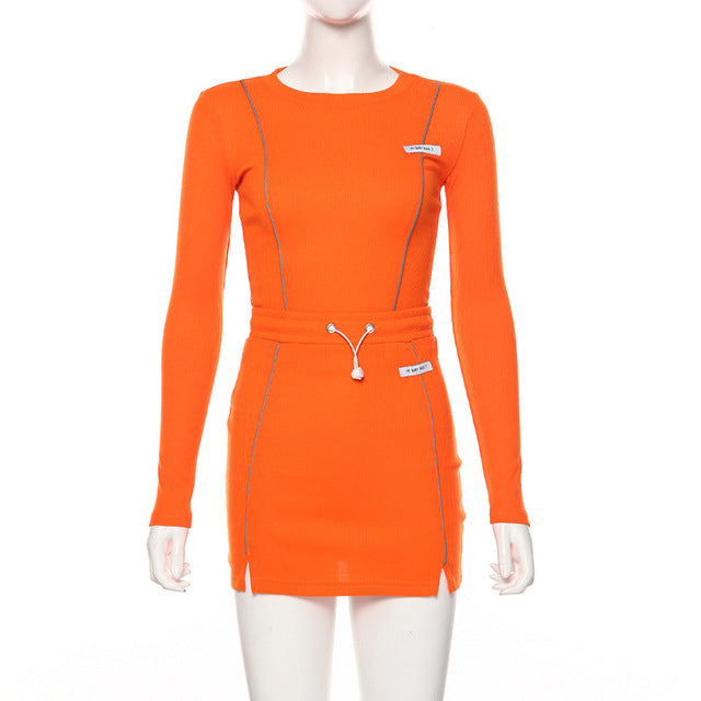Reflective Striped Two Piece Outfits Women Long Sleeve Top And Mini Skirt Sets - Biwav