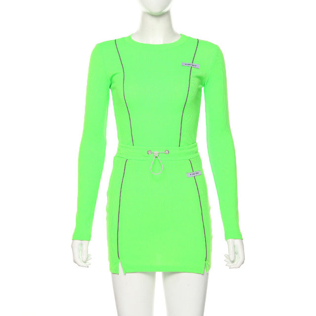 Reflective Striped Two Piece Outfits Women Long Sleeve Top And Mini Skirt Sets - Biwav
