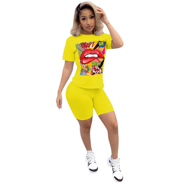 Women Sport Tracksuit Two Piece Set Letter Print Short Sleeve Crop Top - Biwav