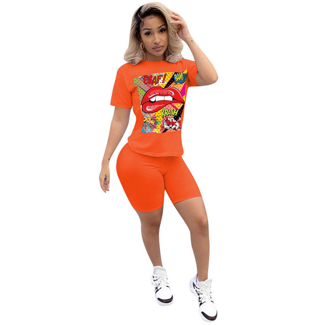 Women Sport Tracksuit Two Piece Set Letter Print Short Sleeve Crop Top - Biwav