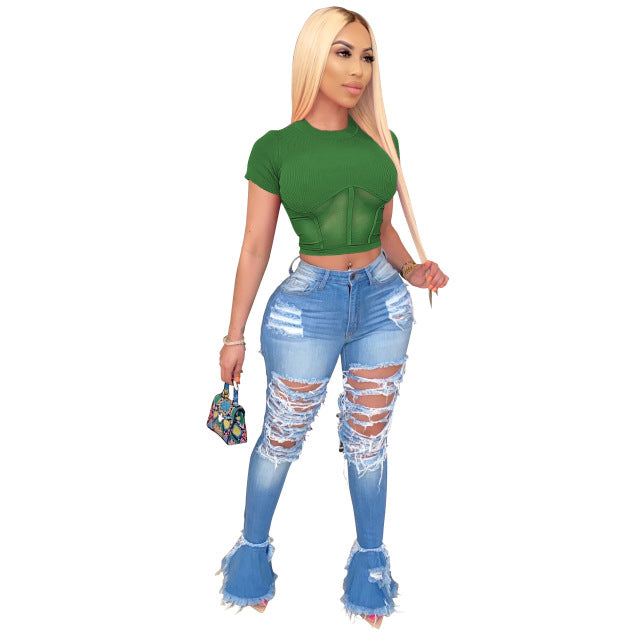 Women Ribbed Tops Short Sleeve Skinny Ribbed Crop Top High Elasticity Tee shirt - Biwav