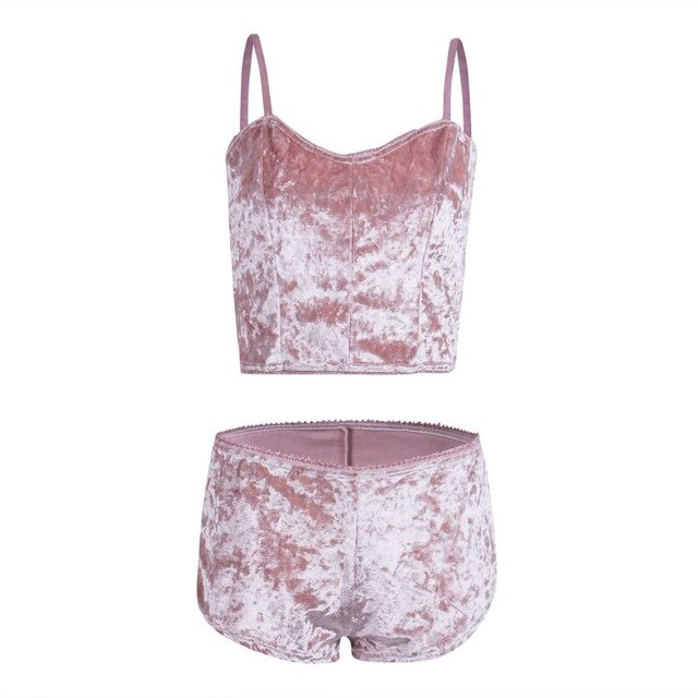 2Pcs Lingerie Velvet V Neck Pajamas Set Chemise Shorts Nightwear - Biwav