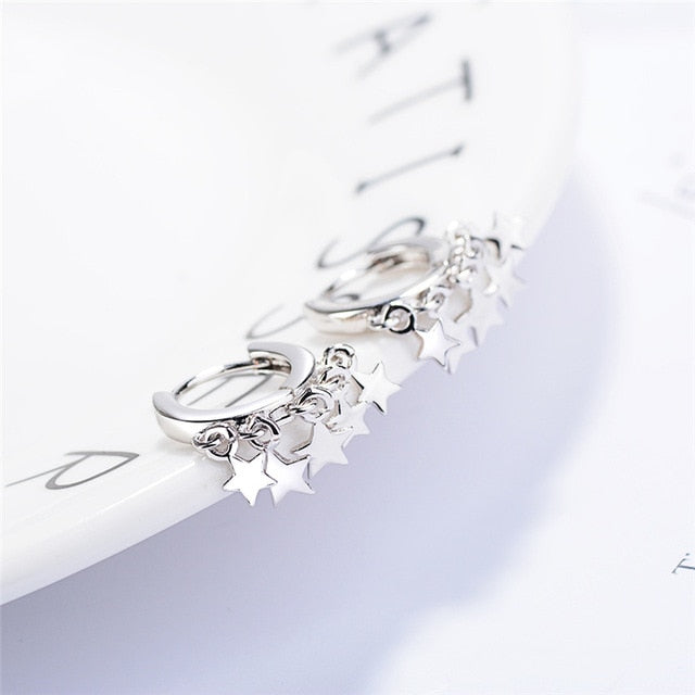 New 925 Sterling Silver Earring For Women Girls Bead Star Tassel Earrings Silver Gold Color Huggie Hoop Earring Oorbellen Gifts - Biwav