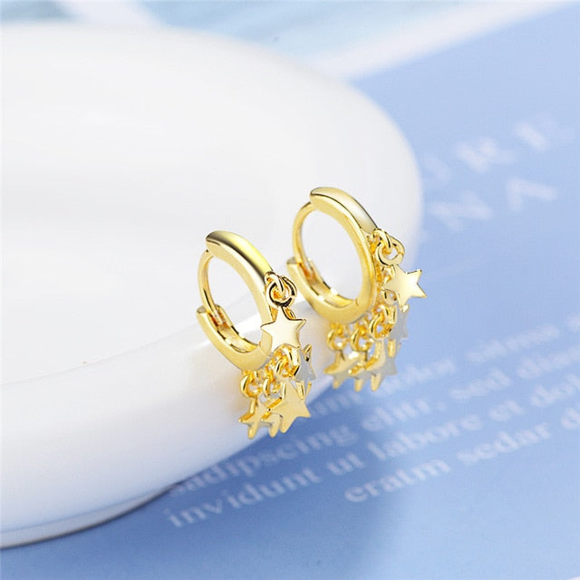 New 925 Sterling Silver Earring For Women Girls Bead Star Tassel Earrings Silver Gold Color Huggie Hoop Earring Oorbellen Gifts - Biwav