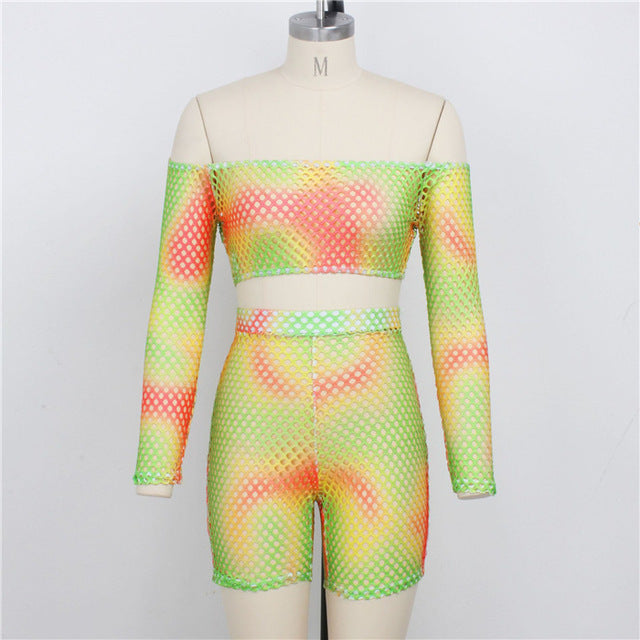 Two Piece Set Women Backless Off The Shoulder Crop Tops Colorful - Biwav