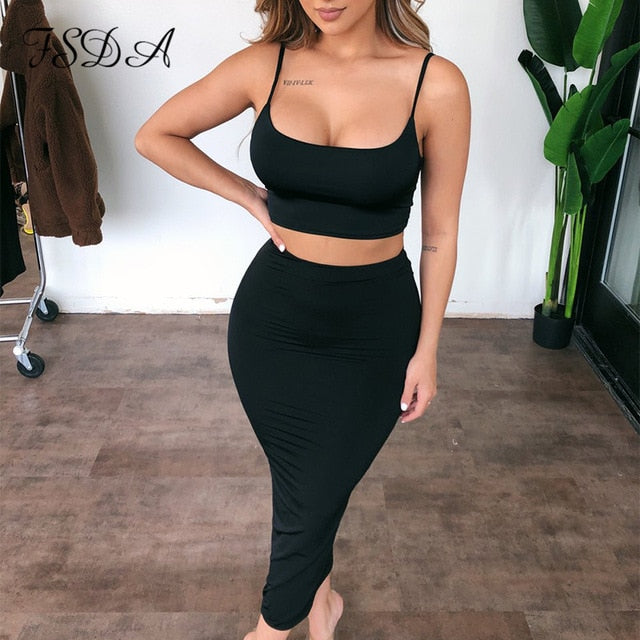 Women Set Spaghetti Strap Crop Top Sexy And Long Skirt - Biwav