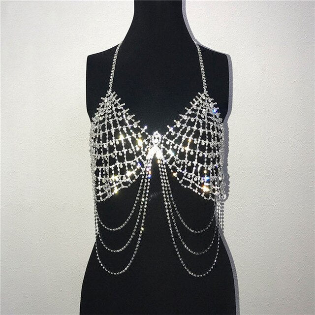 Silver Rhinestone Two Piece Set Tassel Low Cut Backless Grid Crop Top - Biwav