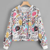 Women Autumn Hoodies Sweatshirt Long Sleeve Graffiti Print Drawstring Hooded Pullover - Biwav