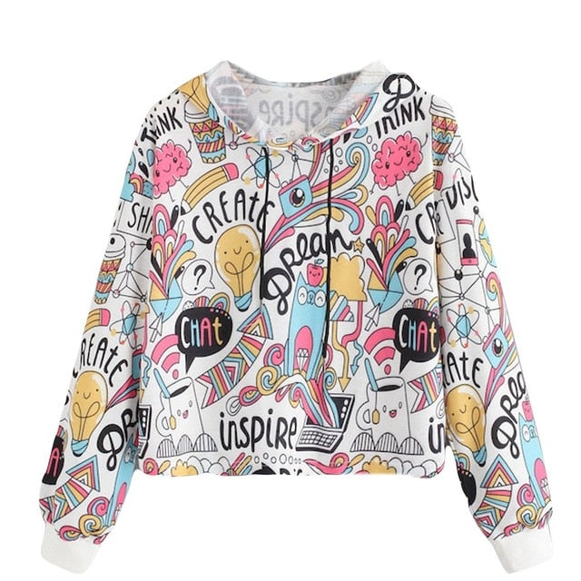 Women Autumn Hoodies Sweatshirt Long Sleeve Graffiti Print Drawstring Hooded Pullover - Biwav