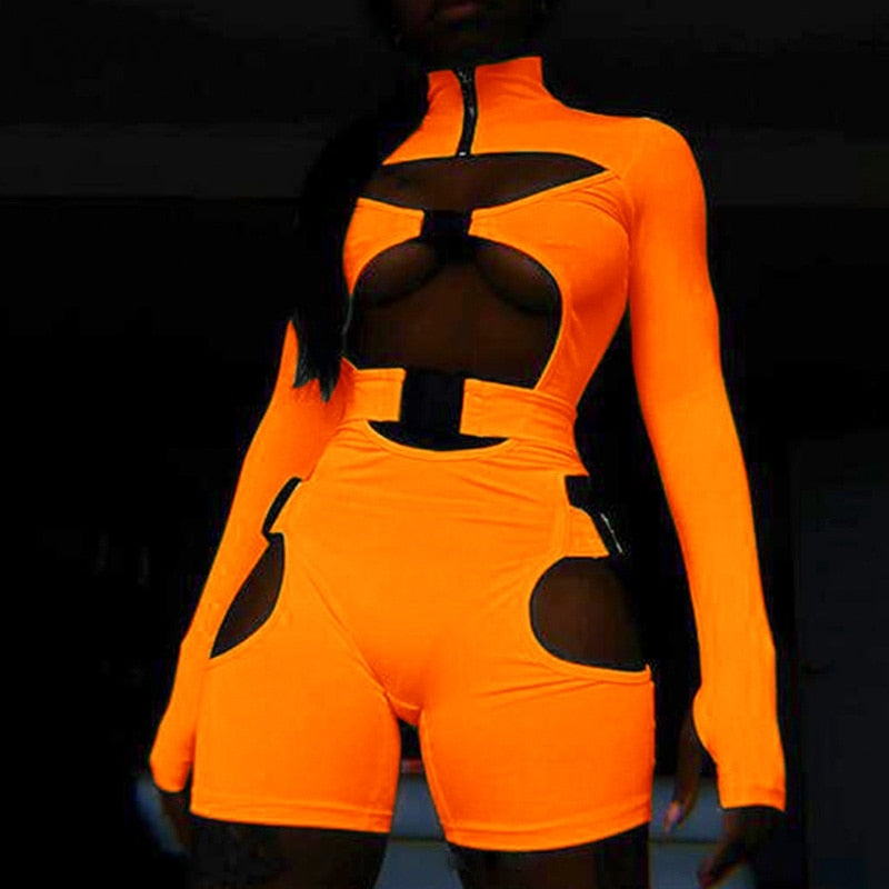 Neon Color Bodysuit Sexy Hollow Out Buckle Biker - Biwav