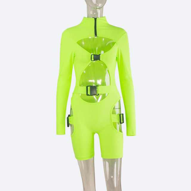 Neon Color Bodysuit Sexy Hollow Out Buckle Biker - Biwav