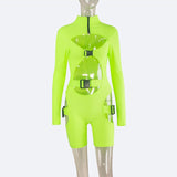 Neon Color Bodysuit Sexy Hollow Out Buckle Biker - Biwav
