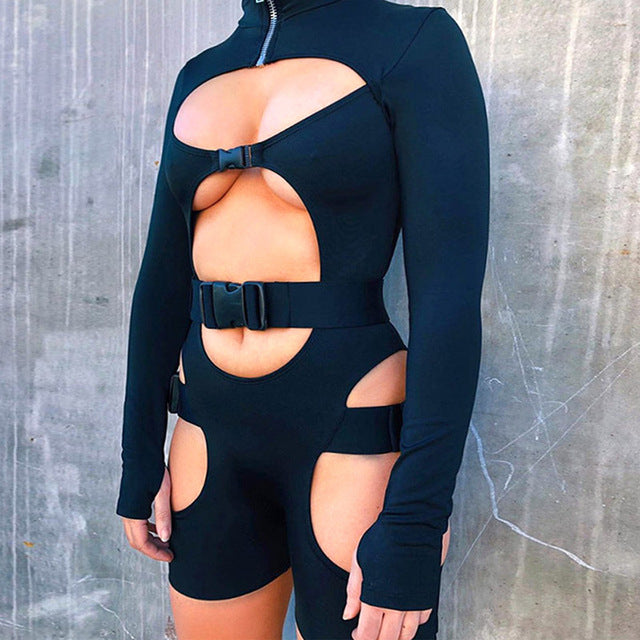 Neon Color Bodysuit Sexy Hollow Out Buckle Biker - Biwav