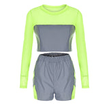 Reflective Patchwork Biker Shorts Long Sleeve Crop Top Women Two Piece Set - Biwav