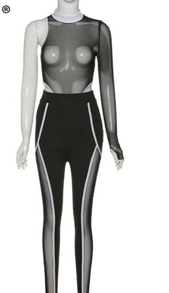 See Through Long Sleeve Mesh One Shoulder Two Piece Bodysuit - Biwav