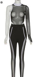See Through Long Sleeve Mesh One Shoulder Two Piece Bodysuit - Biwav