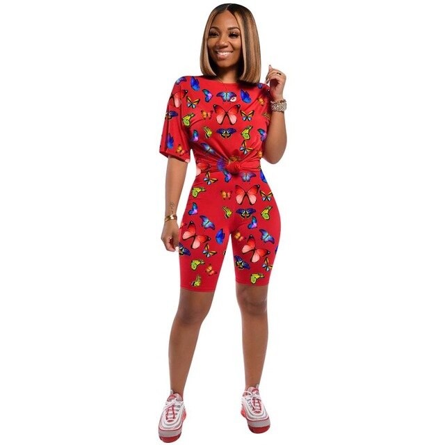 Women Two Piece Set Jogging Casual Butterfly Print Short Sleeve Corp Tops - Biwav