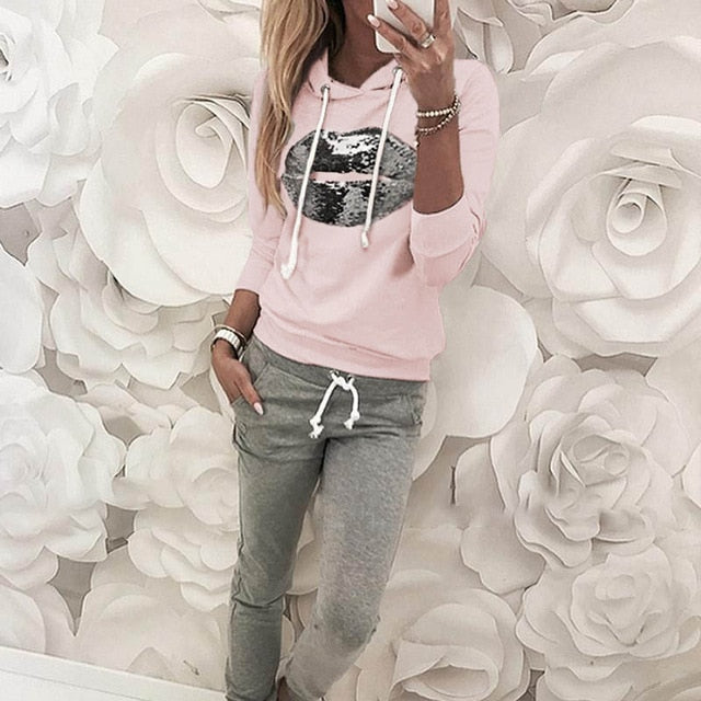 Drawstring Hooded Tracksuits casual long sleeve Slinky Pant 2 Piece - Biwav