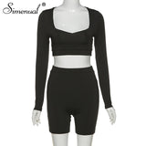Women Long Sleeve Two Piece Outfits Basic Crop Top And Biker Shorts Sets - Biwav