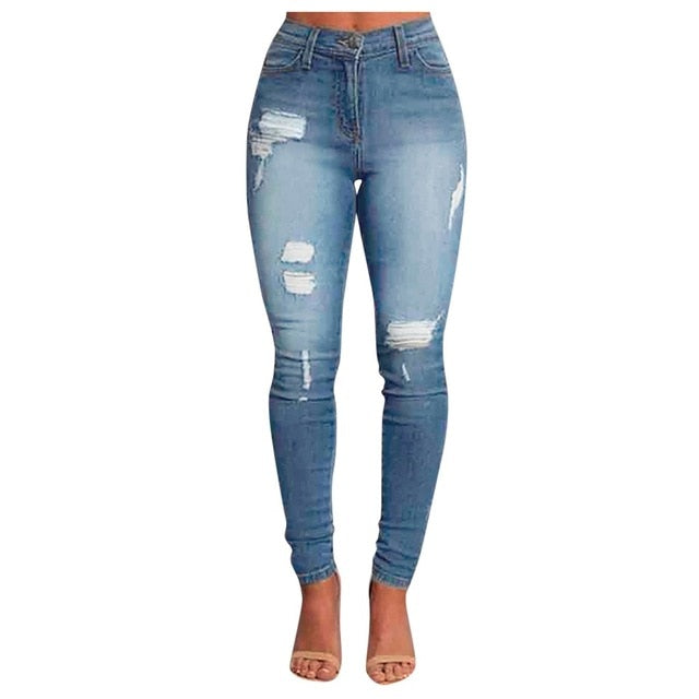 High Waist Skinny torn holes pencil jeans - Biwav