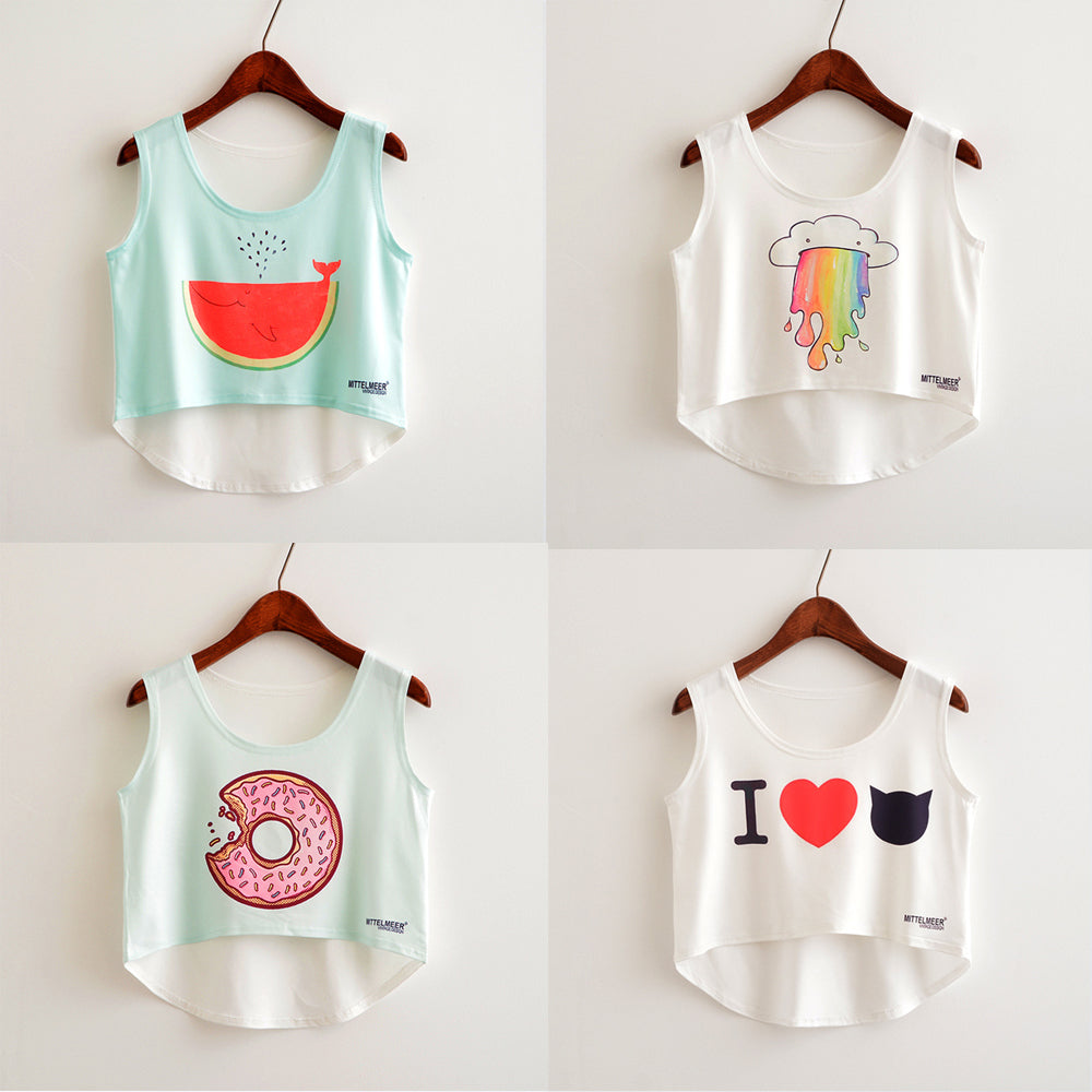 Women Crop Top Sleeveless Cat Panda Print Summer Casual Top - Biwav