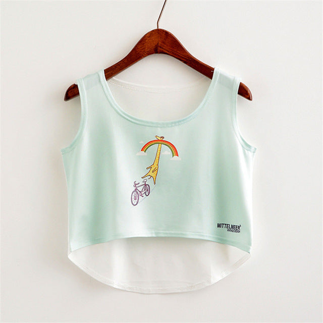 Women Crop Top Sleeveless Cat Panda Print Summer Casual Top - Biwav
