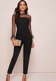 Women Spring Stand Collar Flounce Sleeve Button Back Sheer Jumpsuits - Biwav