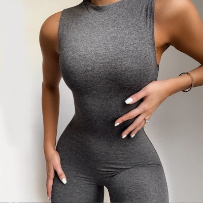 Solid Bodycon Sleeveless Jumpsuits Sporty Active Wear Skinny Jumpsuit - Biwav