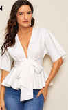Plunge Neck Tie Waist Peplum Solid Slim Fit  Blouses Deep V Neck Short Sleeve Blouse - Biwav