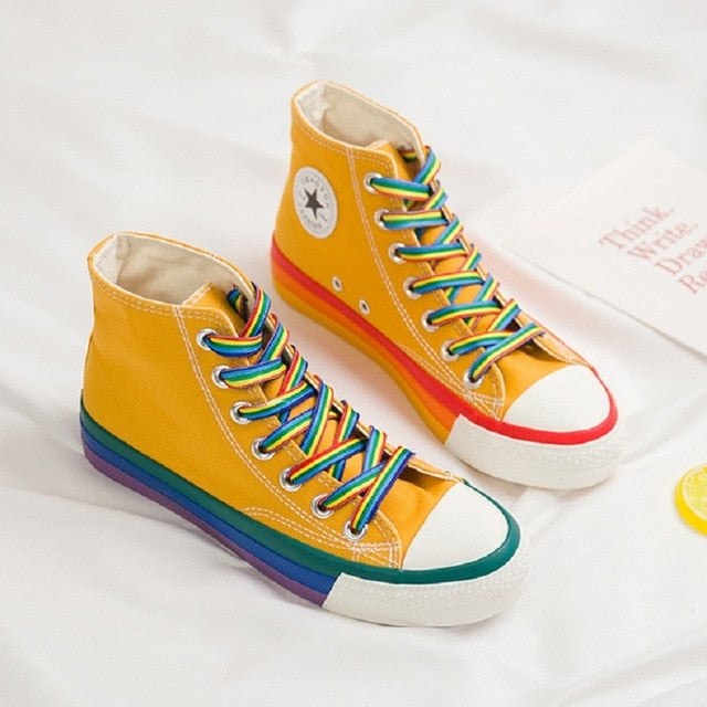 Rainbow Bottom Casual Shoes Woman High Top Sneakers White Canvas - Biwav