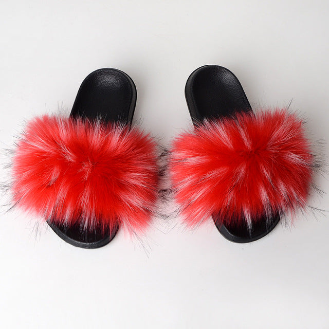 Faux Fox Fur Slippers Lady Indoor Outdoor Sandals - Biwav