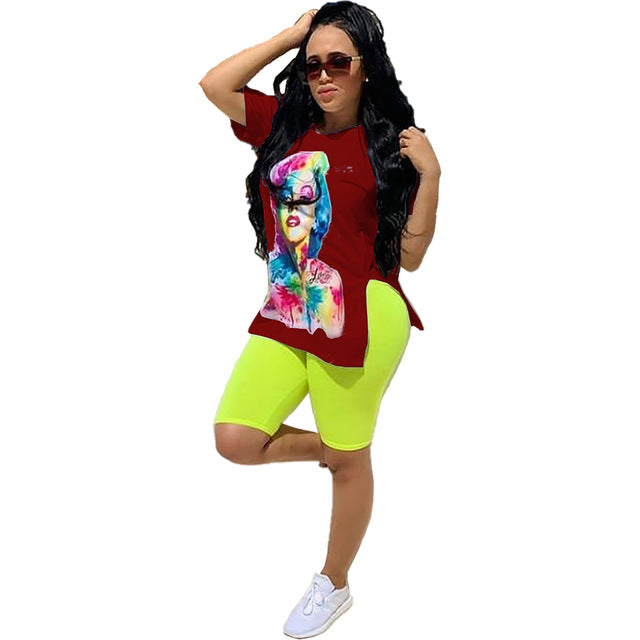 Women's set character print side slit t-shirt pencil knee length pants suit - Biwav