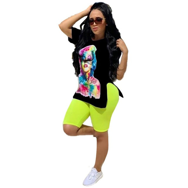 Women's set character print side slit t-shirt pencil knee length pants suit - Biwav