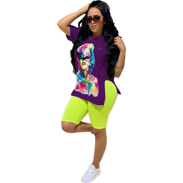 Women's set character print side slit t-shirt pencil knee length pants suit - Biwav