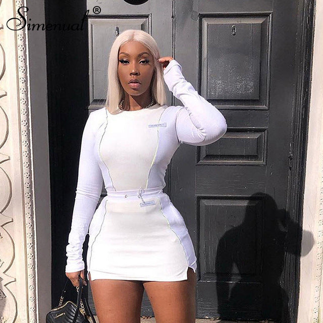 Reflective Striped Two Piece Outfits Women Long Sleeve Top And Mini Skirt Sets - Biwav