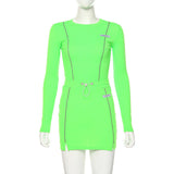 Reflective Striped Two Piece Outfits Women Long Sleeve Top And Mini Skirt Sets - Biwav