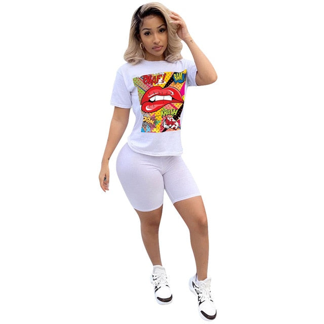 Women Sport Tracksuit Two Piece Set Letter Print Short Sleeve Crop Top - Biwav