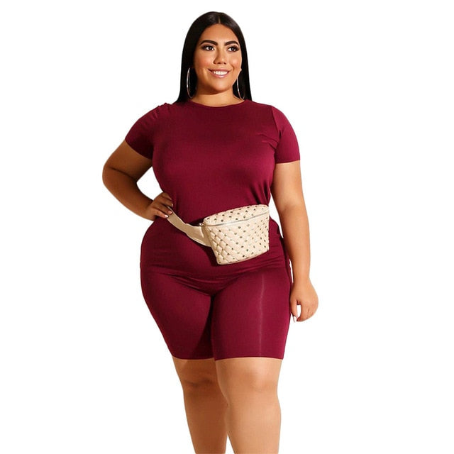 Plus Size 2 Piece Set Women Summer Casual Loose Shirt+Shorts
