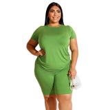 Plus Size 2 Piece Set Women Summer Casual Loose Shirt+Shorts - Bwavii 
