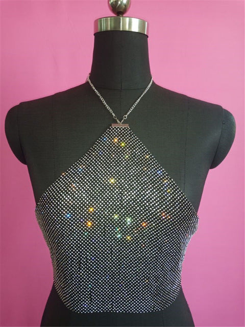 Sexy Halter Metal chain diamond crop top women Bandage Sparkling Bling - Biwav