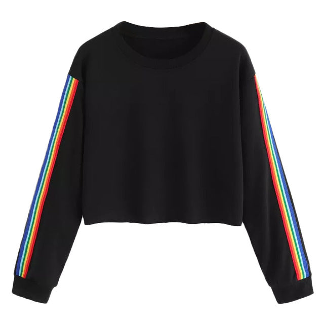 Black Rainbow Striped Patchwork Hoodie O-Neck Long Sleeve - Biwav