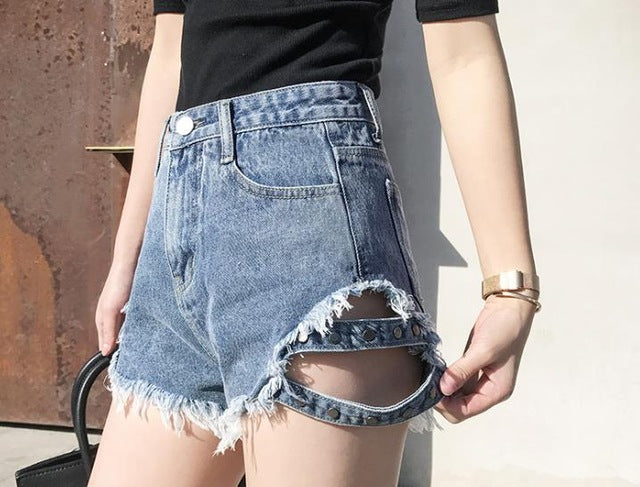 Rivet denim shorts NEW summer women high waist loose tassel jeans shorts - Biwav