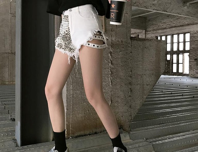 Rivet denim shorts NEW summer women high waist loose tassel jeans shorts - Biwav
