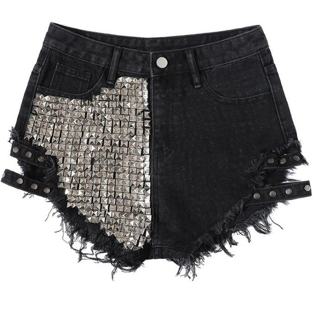 Rivet denim shorts NEW summer women high waist loose tassel jeans shorts - Biwav