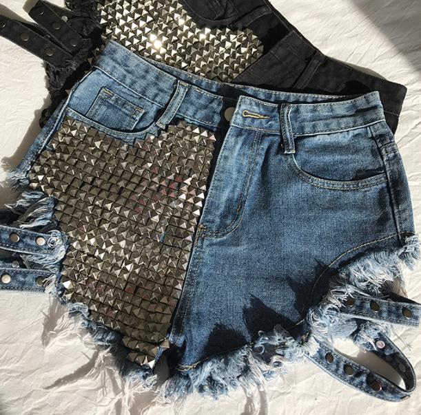 Rivet denim shorts NEW summer women high waist loose tassel jeans shorts - Biwav